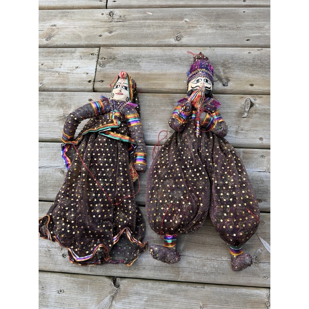 Kathputli Rajasthani Dolls Art, Handmade Pair Wood Folk Decor 17"